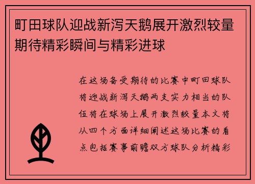 町田球队迎战新泻天鹅展开激烈较量期待精彩瞬间与精彩进球
